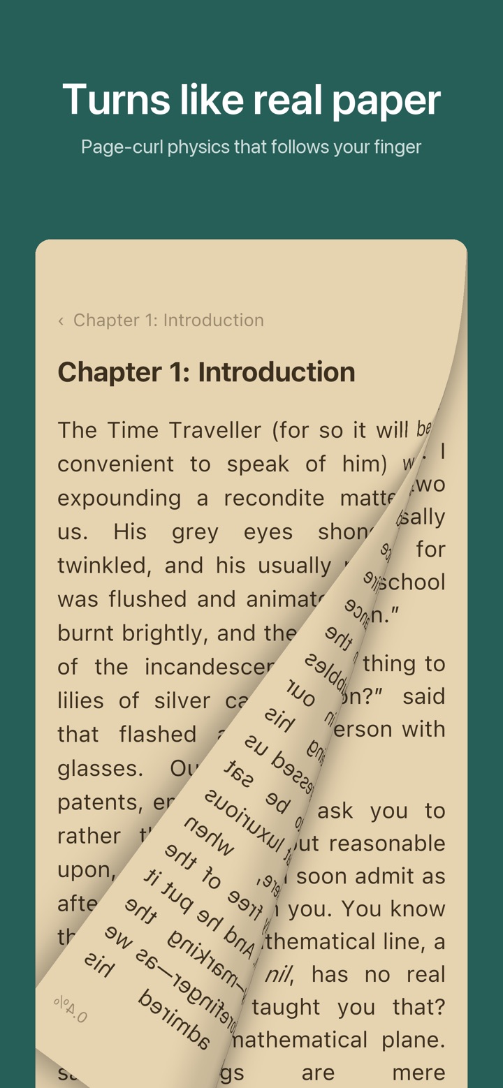 Shansu Books app reading The Time Machine with realistic page turns